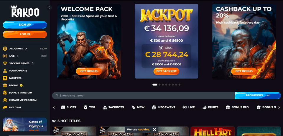 RAKOO Casino - lobby met slots, live tafels en promoties