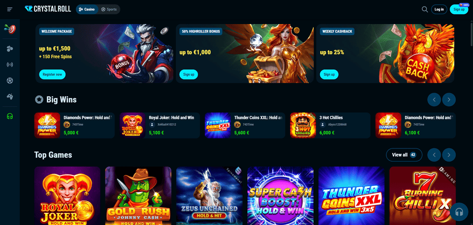 Crystal Roll Casinos - lobby met hoge limieten en VIP-promoties